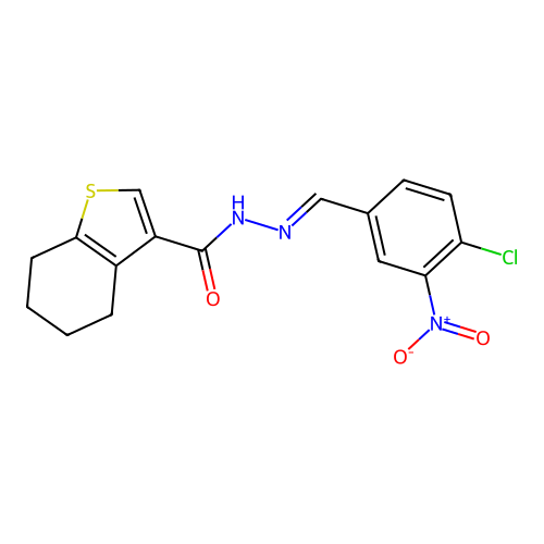 N-[(E)-(4-chloro-3-nitrophenyl)methylideneamino]-4,5,6,7-tetrahydro-1-benzothiophene-3-carboxamide structure