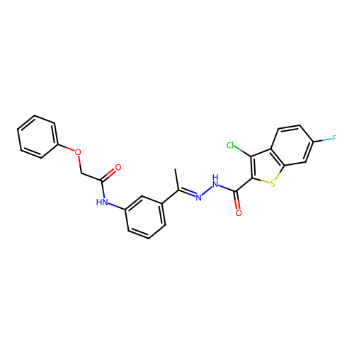 3-chloro-6-fluoro-N-[(E)-1-[3-[(2-phenoxyacetyl)amino]phenyl]ethylideneamino]-1-benzothiophene-2-carboxamide structure