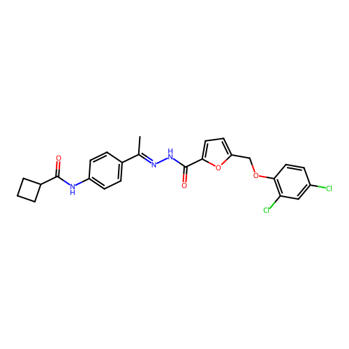 N-[(E)-1-[4-(cyclobutanecarbonylamino)phenyl]ethylideneamino]-5-[(2,4-dichlorophenoxy)methyl]furan-2-carboxamide structure