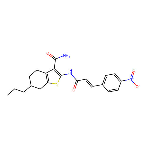 2-[[(E)-3-(4-nitrophenyl)prop-2-enoyl]amino]-6-propyl-4,5,6,7-tetrahydro-1-benzothiophene-3-carboxamide structure