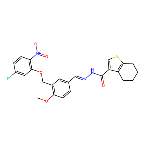 N'-[(E)-{3-[(5-fluoro-2-nitrophenoxy)methyl]-4-methoxyphenyl}methylidene]-4,5,6,7-tetrahydro-1-benzothiophene-3-carbohydrazide structure