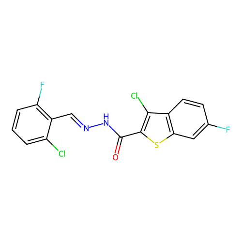 3-chloro-N-[(E)-(2-chloro-6-fluorophenyl)methylideneamino]-6-fluoro-1-benzothiophene-2-carboxamide structure