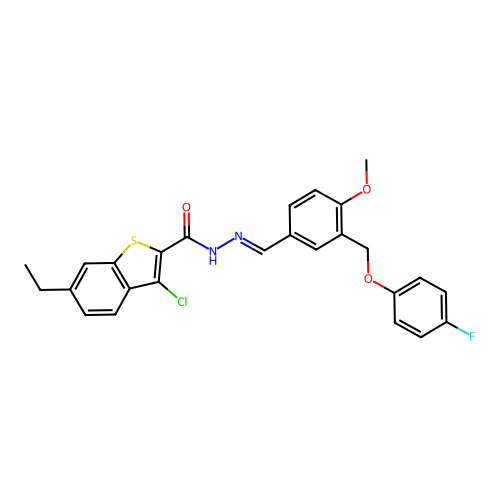 3-chloro-6-ethyl-N-[(E)-[3-[(4-fluorophenoxy)methyl]-4-methoxyphenyl]methylideneamino]-1-benzothiophene-2-carboxamide structure