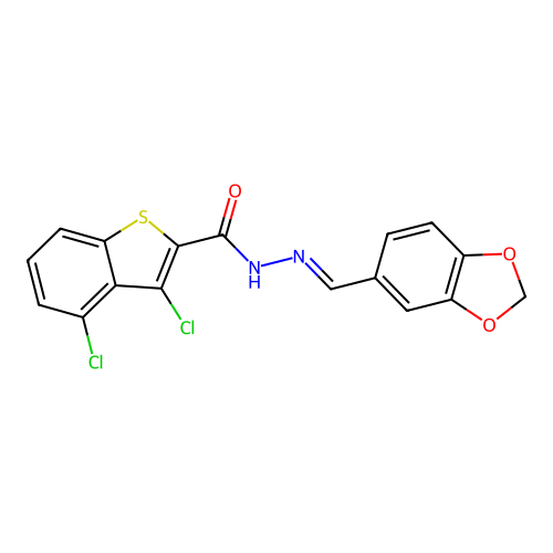 N'-(1,3-benzodioxol-5-ylmethylene)-3,4-dichloro-1-benzothiophene-2-carbohydrazide structure