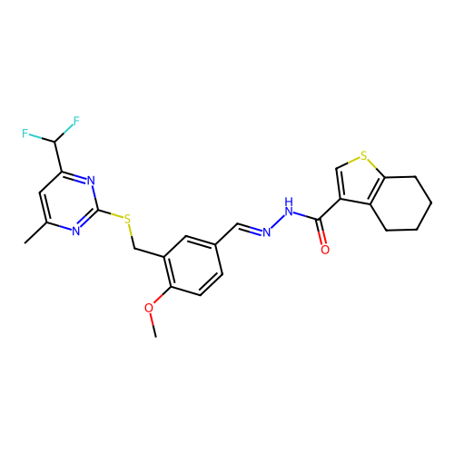 N-[(E)-[3-[[4-(difluoromethyl)-6-methylpyrimidin-2-yl]sulfanylmethyl]-4-methoxyphenyl]methylideneamino]-4,5,6,7-tetrahydro-1-benzothiophene-3-carboxamide structure