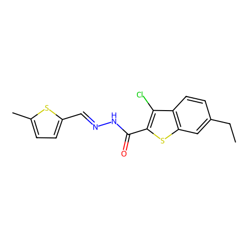 3-chloro-6-ethyl-N-[(E)-(5-methylthiophen-2-yl)methylideneamino]-1-benzothiophene-2-carboxamide structure