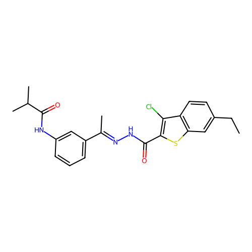 3-chloro-6-ethyl-N-[(E)-1-[3-(2-methylpropanoylamino)phenyl]ethylideneamino]-1-benzothiophene-2-carboxamide structure