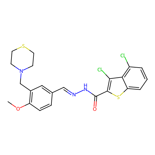 3,4-dichloro-N-[(E)-[4-methoxy-3-(thiomorpholin-4-ylmethyl)phenyl]methylideneamino]-1-benzothiophene-2-carboxamide structure