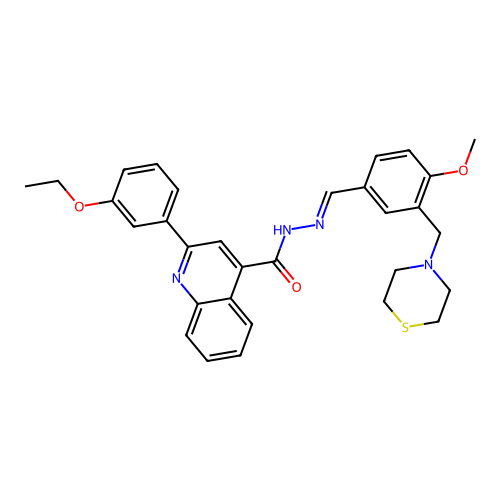 2-(3-ethoxyphenyl)-N-[(E)-[4-methoxy-3-(thiomorpholin-4-ylmethyl)phenyl]methylideneamino]quinoline-4-carboxamide structure