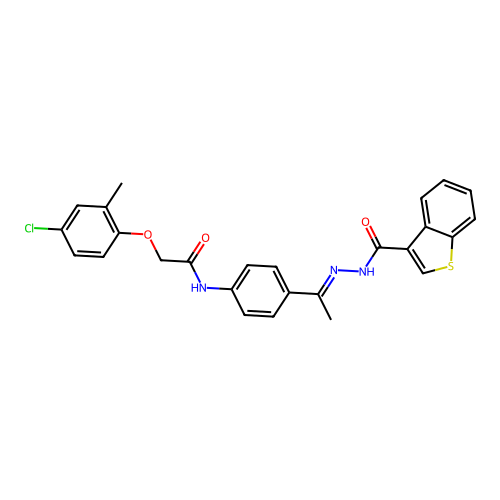 N-[(E)-1-[4-[[2-(4-chloro-2-methylphenoxy)acetyl]amino]phenyl]ethylideneamino]-1-benzothiophene-3-carboxamide structure