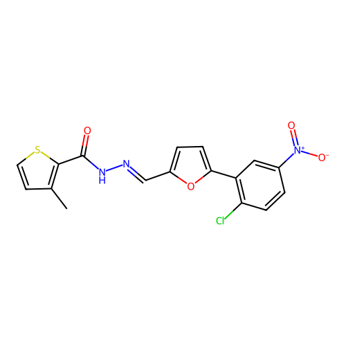 N-[(E)-[5-(2-chloro-5-nitrophenyl)furan-2-yl]methylideneamino]-3-methylthiophene-2-carboxamide structure