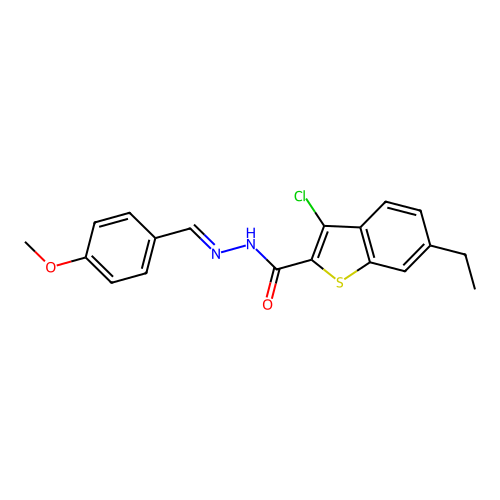 3-chloro-6-ethyl-N-[(E)-(4-methoxyphenyl)methylideneamino]-1-benzothiophene-2-carboxamide structure