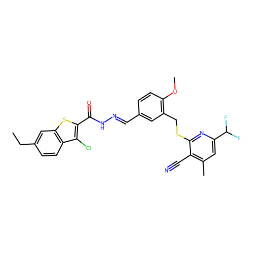 3-chloro-N-[(E)-[3-[[3-cyano-6-(difluoromethyl)-4-methylpyridin-2-yl]sulfanylmethyl]-4-methoxyphenyl]methylideneamino]-6-ethyl-1-benzothiophene-2-carboxamide structure