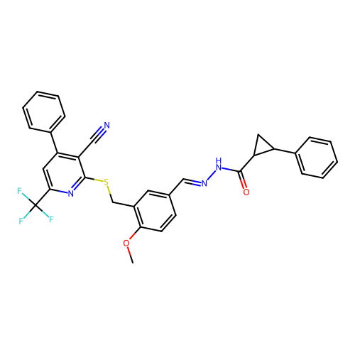 N'-[3-({[3-cyano-4-phenyl-6-(trifluoromethyl)-2-pyridinyl]sulfanyl}methyl)-4-methoxybenzylidene]-2-phenylcyclopropanecarbohydrazide structure