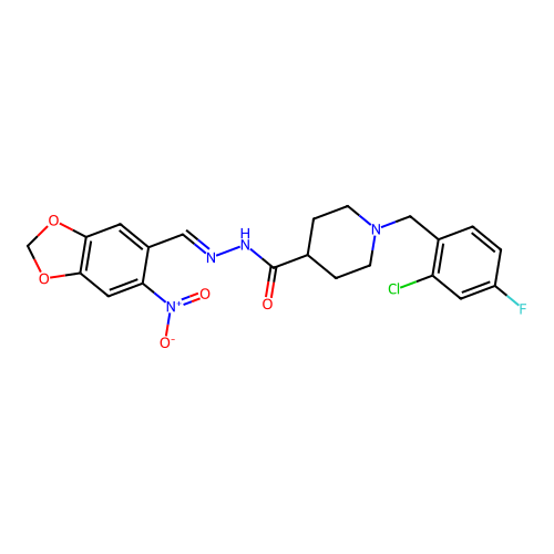1-[(2-chloro-4-fluorophenyl)methyl]-N-[(E)-(6-nitro-1,3-benzodioxol-5-yl)methylideneamino]piperidine-4-carboxamide structure