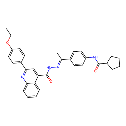 N-[(E)-1-[4-(cyclopentanecarbonylamino)phenyl]ethylideneamino]-2-(4-ethoxyphenyl)quinoline-4-carboxamide structure