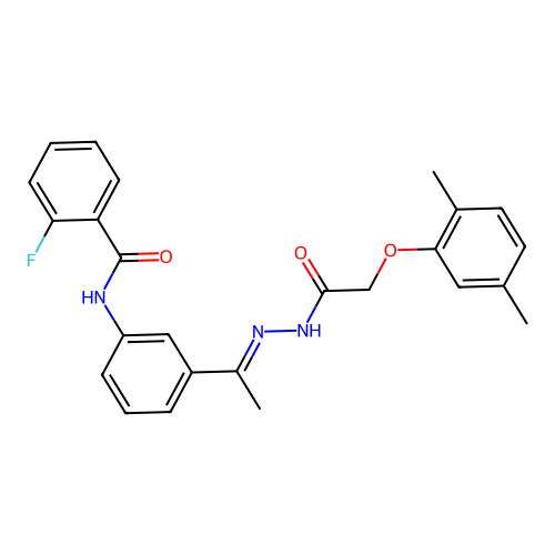 N-(3-{N-[(2,5-dimethylphenoxy)acetyl]ethanehydrazonoyl}phenyl)-2-fluorobenzamide structure
