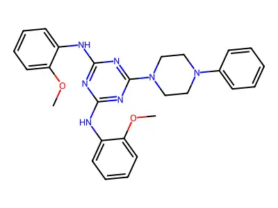 N,N'-bis(2-methoxyphenyl)-6-(4-phenylpiperazin-1-yl)-1,3,5-triazine-2,4-diamine structure