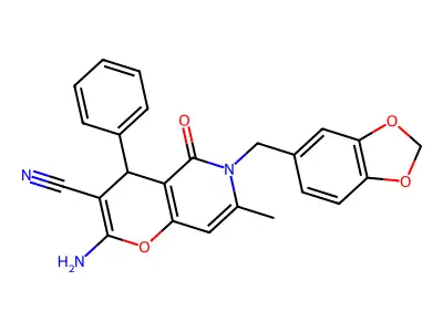2-amino-6-(benzo[d][1,3]dioxol-5-ylmethyl)-7-methyl-5-oxo-4-phenyl-5,6-dihydro-4H-pyrano[3,2-c]pyridine-3-carbonitrile structure