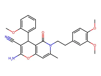 2-amino-6-(3,4-dimethoxyphenethyl)-4-(2-methoxyphenyl)-7-methyl-5-oxo-5,6-dihydro-4H-pyrano[3,2-c]pyridine-3-carbonitrile structure