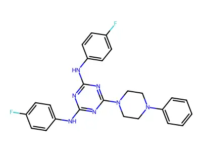 N,N'-bis(4-fluorophenyl)-6-(4-phenylpiperazin-1-yl)-1,3,5-triazine-2,4-diamine structure