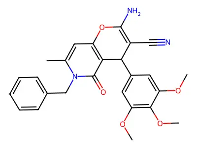 2-amino-6-benzyl-7-methyl-5-oxo-4-(3,4,5-trimethoxyphenyl)-5,6-dihydro-4H-pyrano[3,2-c]pyridine-3-carbonitrile structure