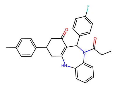 11-(4-fluorophenyl)-3-(4-methylphenyl)-10-propanoyl-2,3,4,5,10,11-hexahydro-1H-dibenzo[b,e][1,4]diazepin-1-one structure