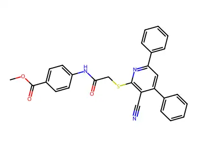 Methyl 4-(2-((3-cyano-4,6-diphenylpyridin-2-yl)thio)acetamido)benzoate structure