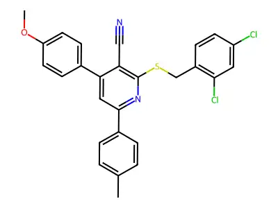 2-((2,4-Dichlorobenzyl)thio)-4-(4-methoxyphenyl)-6-(p-tolyl)nicotinonitrile structure