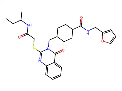 4-{[2-({[(butan-2-yl)carbamoyl]methyl}sulfanyl)-4-oxo-3,4-dihydroquinazolin-3-yl]methyl}-N-[(furan-2-yl)methyl]cyclohexane-1-carboxamide structure
