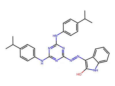 (3Z)-3-[2-(4,6-bis{[4-(propan-2-yl)phenyl]amino}-1,3,5-triazin-2-yl)hydrazinylidene]-1,3-dihydro-2H-indol-2-one structure