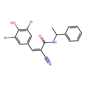 2-cyano-3-(3,5-dibromo-4-hydroxyphenyl)-N-(1-phenylethyl)prop-2-enamide structure