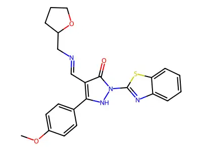 (4E)-2-(1,3-benzothiazol-2-yl)-5-(4-methoxyphenyl)-4-{[(tetrahydrofuran-2-ylmethyl)amino]methylidene}-2,4-dihydro-3H-pyrazol-3-one structure