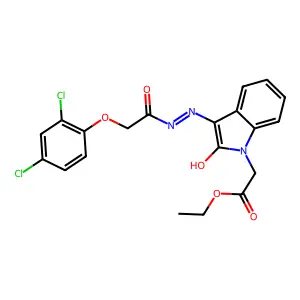 ethyl [(3Z)-3-{2-[(2,4-dichlorophenoxy)acetyl]hydrazinylidene}-2-oxo-2,3-dihydro-1H-indol-1-yl]acetate structure