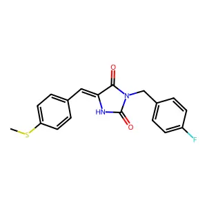 (5E)-3-(4-fluorobenzyl)-5-[4-(methylsulfanyl)benzylidene]imidazolidine-2,4-dione structure