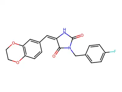 (5E)-5-(2,3-dihydro-1,4-benzodioxin-6-ylmethylidene)-3-(4-fluorobenzyl)imidazolidine-2,4-dione structure