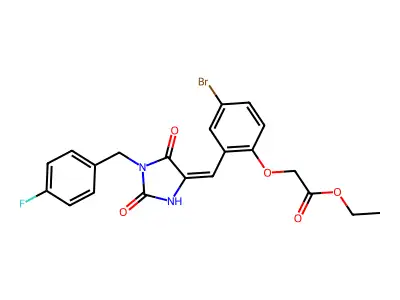 ethyl (4-bromo-2-{(E)-[1-(4-fluorobenzyl)-2,5-dioxoimidazolidin-4-ylidene]methyl}phenoxy)acetate structure