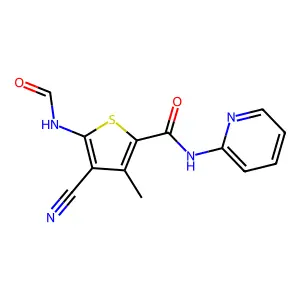 4-cyano-5-(formylamino)-3-methyl-N-(2-pyridinyl)-2-thiophenecarboxamide structure