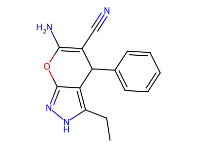 6-Amino-3-ethyl-4-phenyl-1,4-dihydropyrano[2,3-c]pyrazole-5-carbonitrile structure