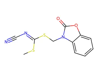 [Methylsulfanyl-[(2-oxo-1,3-benzoxazol-3-yl)methylsulfanyl]methylidene]cyanamide structure