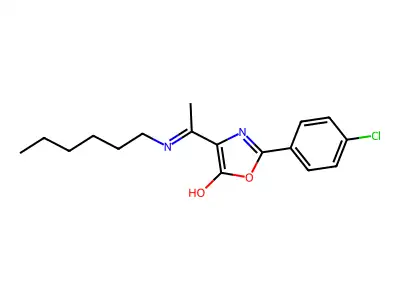 2-(4-chlorophenyl)-4-[1-(hexylamino)ethylidene]-1,3-oxazol-5(4H)-one structure