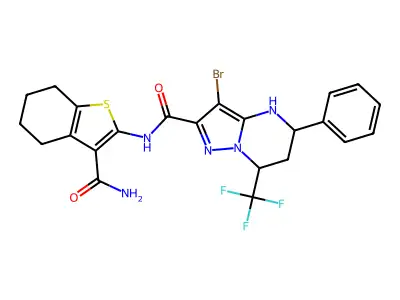 3-bromo-N-(3-carbamoyl-4,5,6,7-tetrahydro-1-benzothiophen-2-yl)-5-phenyl-7-(trifluoromethyl)-1,5,6,7-tetrahydropyrazolo[1,5-a]pyrimidine-2-carboxamide structure