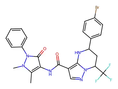 5-(4-bromophenyl)-N-(1,5-dimethyl-3-oxo-2-phenyl-2,3-dihydro-1H-pyrazol-4-yl)-7-(trifluoromethyl)-4,5,6,7-tetrahydropyrazolo[1,5-a]pyrimidine-3-carboxamide structure