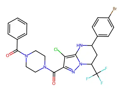 2-[(4-benzoyl-1-piperazinyl)carbonyl]-5-(4-bromophenyl)-3-chloro-7-(trifluoromethyl)-4,5,6,7-tetrahydropyrazolo[1,5-a]pyrimidine structure