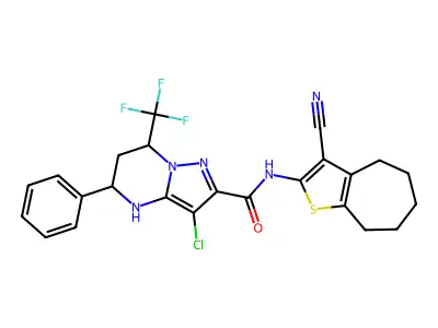 3-chloro-N-(3-cyano-5,6,7,8-tetrahydro-4H-cyclohepta[b]thiophen-2-yl)-5-phenyl-7-(trifluoromethyl)-4,5,6,7-tetrahydropyrazolo[1,5-a]pyrimidine-2-carboxamide structure