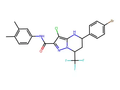5-(4-bromophenyl)-3-chloro-N-(3,4-dimethylphenyl)-7-(trifluoromethyl)-4,5,6,7-tetrahydropyrazolo[1,5-a]pyrimidine-2-carboxamide structure