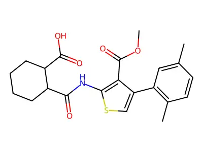 2-[[4-(2,5-dimethylphenyl)-3-methoxycarbonylthiophen-2-yl]carbamoyl]cyclohexane-1-carboxylic acid structure