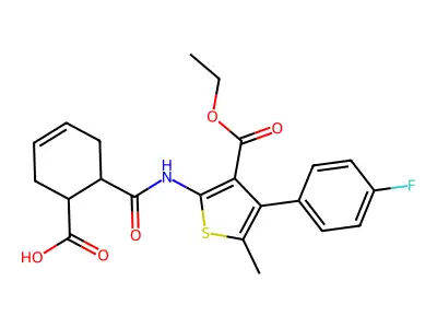 6-({[3-(ethoxycarbonyl)-4-(4-fluorophenyl)-5-methyl-2-thienyl]amino}carbonyl)-3-cyclohexene-1-carboxylic acid structure