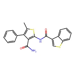 N-(3-carbamoyl-5-methyl-4-phenylthiophen-2-yl)-1-benzothiophene-3-carboxamide structure