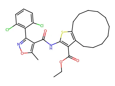 ethyl 2-({[3-(2,6-dichlorophenyl)-5-methyl-4-isoxazolyl]carbonyl}amino)-4,5,6,7,8,9,10,11,12,13-decahydrocyclododeca[b]thiophene-3-carboxylate structure